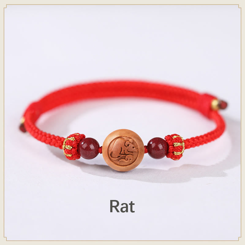 Fortune Jewel Natural Peach Wood Chinese Zodiac Fu Character Carved Cinnabar Wealth Bracelet