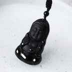 Fortune Jewel Natural Black Obsidian Crystal Buddha Strength Protection Amulet Lucky Charm Pendant Necklace