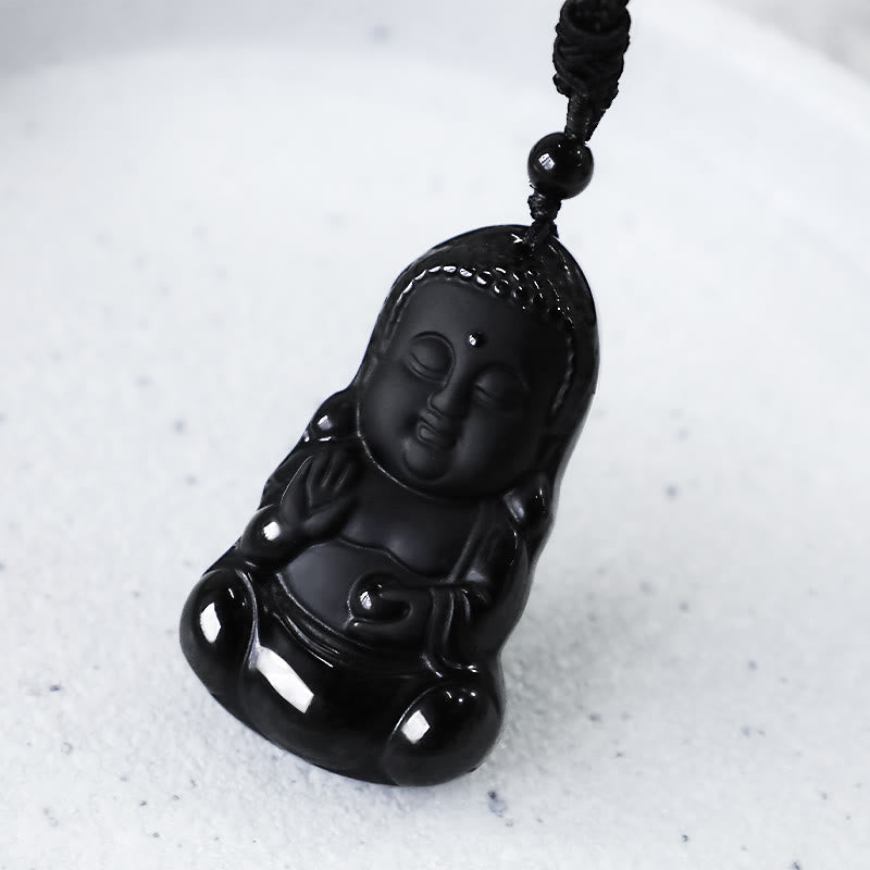 Fortune Jewel Natural Black Obsidian Crystal Buddha Strength Protection Amulet Lucky Charm Pendant Necklace