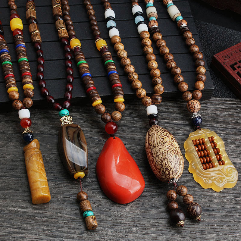 Fortune Jewel Tibetan Wenge Wood Bodhi Seed Agate Balance Peace Necklace Pendant