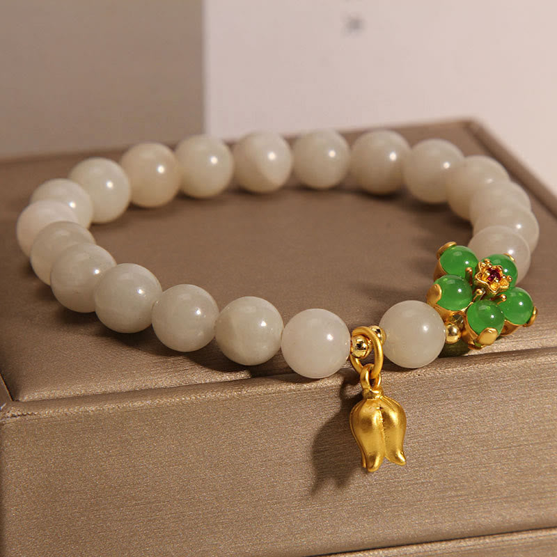 Fortune Jewel Natural Jade Green Flower Lily Of The Valley Luck Bracelet