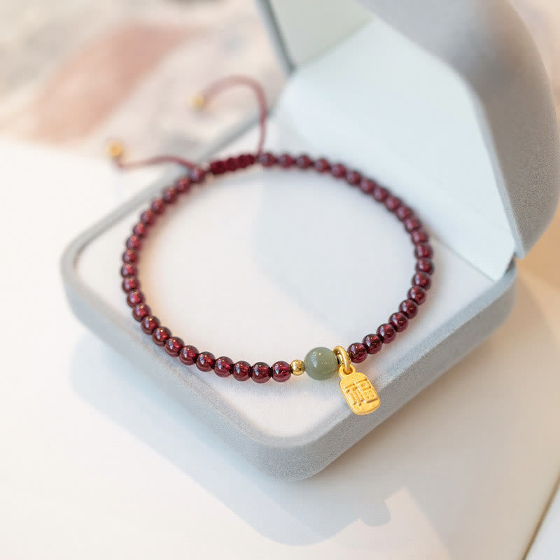 Fortune Jewel Natural Strawberry Quartz Garnet Jade Lucky Fortune Fu Character Healing Charm Bracelet