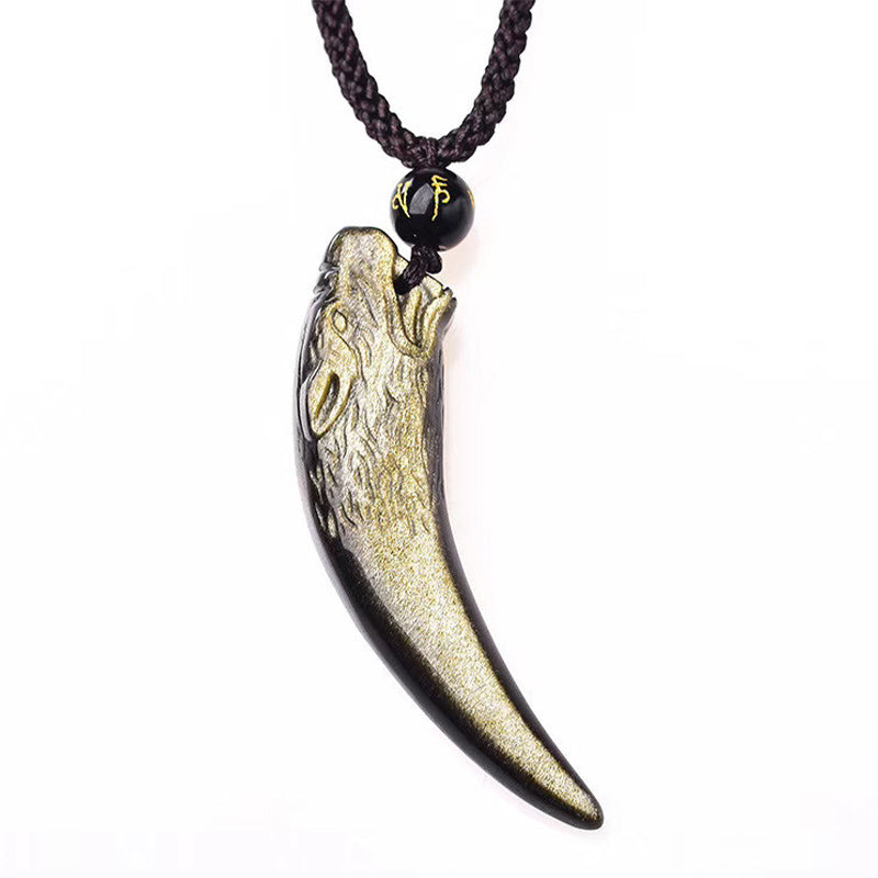 Fortune Jewel Natural Black Obsidian Ice Obsidian Rainbow Obsidian Wolf Tooth Pattern Strength Necklace Pendant