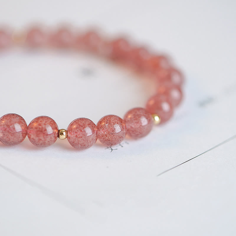 Fortune Jewel 14K Gold Plated Strawberry Quartz Fu Character Healing Charm Bracelet