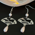 Fortune Jewel Copper Fan Auspicious Clouds Pearl Healing Drop Earrings