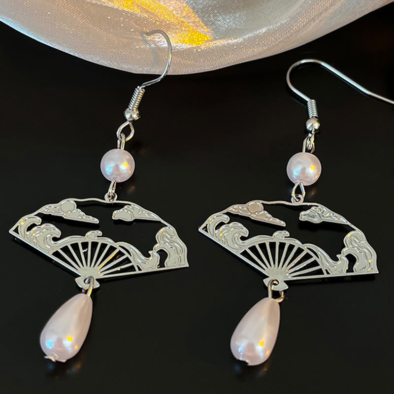 Fortune Jewel Copper Fan Auspicious Clouds Pearl Healing Drop Earrings