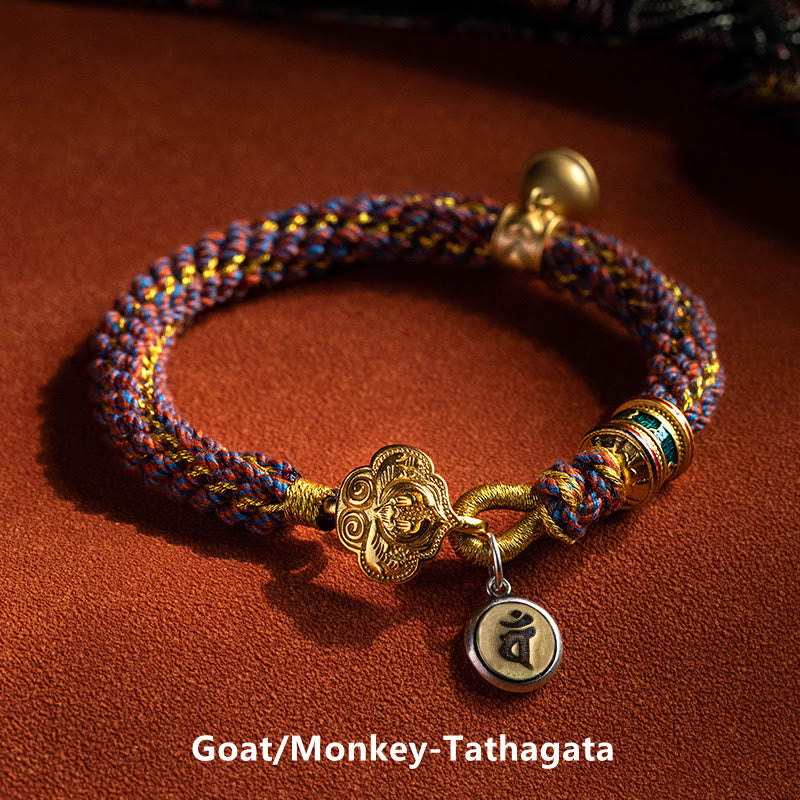 Fortune Jewel 925 Sterling Silver Chinese Zodiac Natal Buddha Om Mani Padme Hum Luck Bell Braided String Bracelet