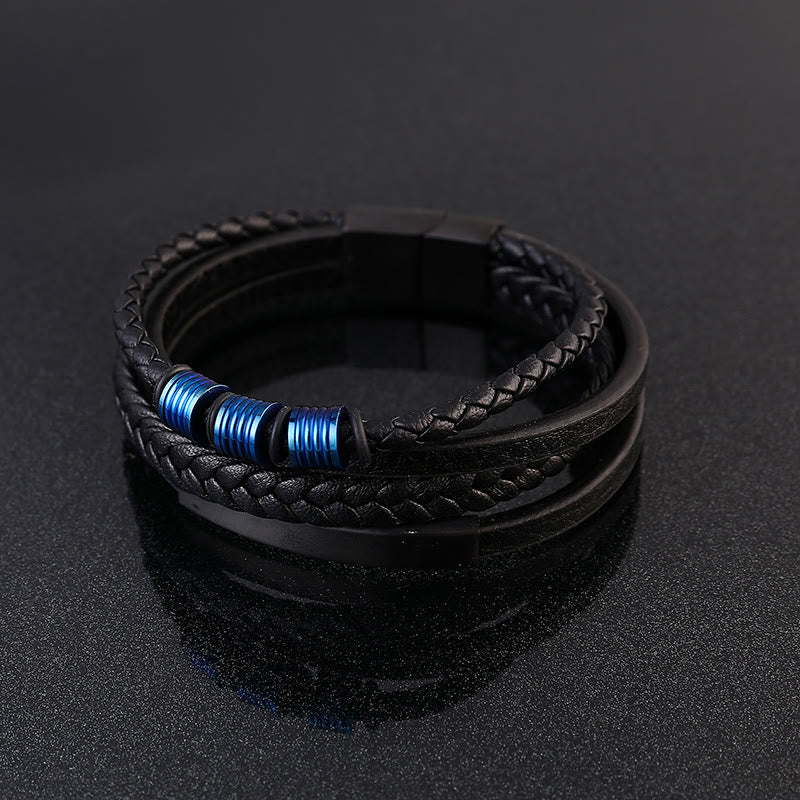 Fortune Jewel Leather Multi-Layer Titanium Steel Balance Braided Magnetic Buckle Bracelet