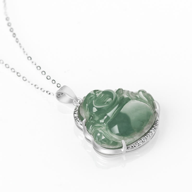 Fortune Jewel Laughing Buddha Natural Jade Luck Prosperity Necklace Titanium Steel Chain Pendant Fortune Jewel