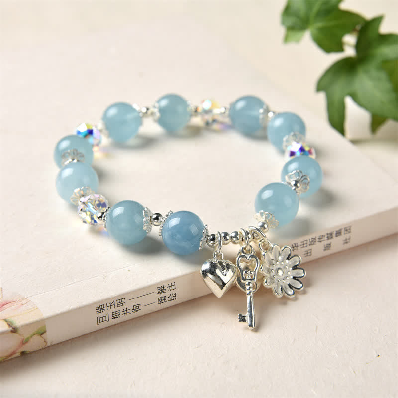 Fortune Jewel 925 Sterling Silver Natural Aquamarine Serenity Flower Love Key Charm Bracelet