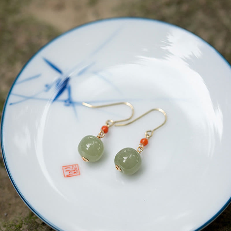 Fortune Jewel 925 Sterling Silver Plated 14k Gold Hetian Jade Red Agate Luck Drop Dangle Earrings