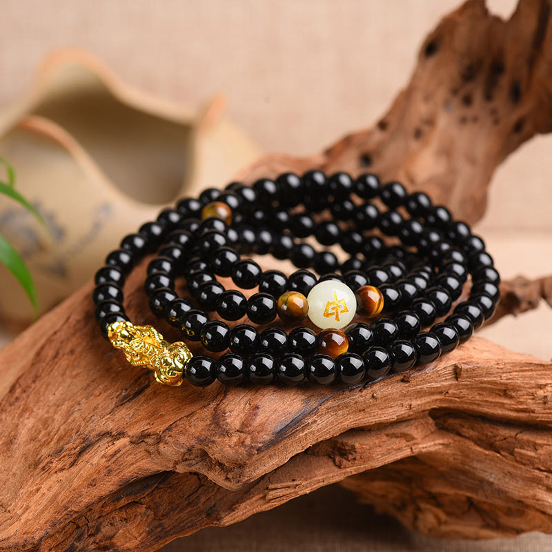 Fortune Jewel Chinese Zodiac Obsidian PiXiu Protection Mala Bracelet