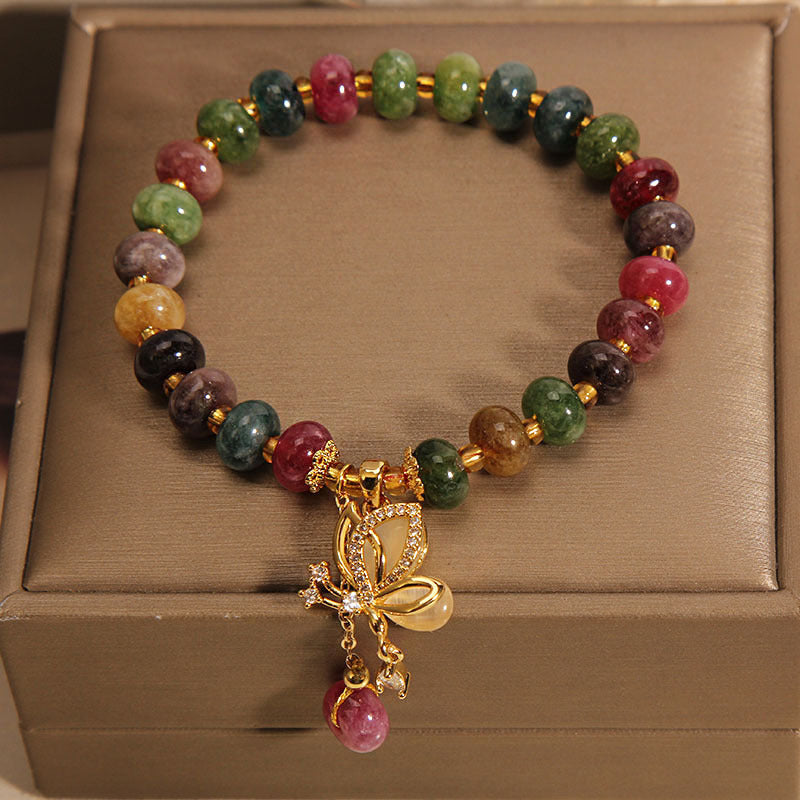 Fortune Jewel Colorful Tourmaline Butterfly Charm Wisdom Bracelet
