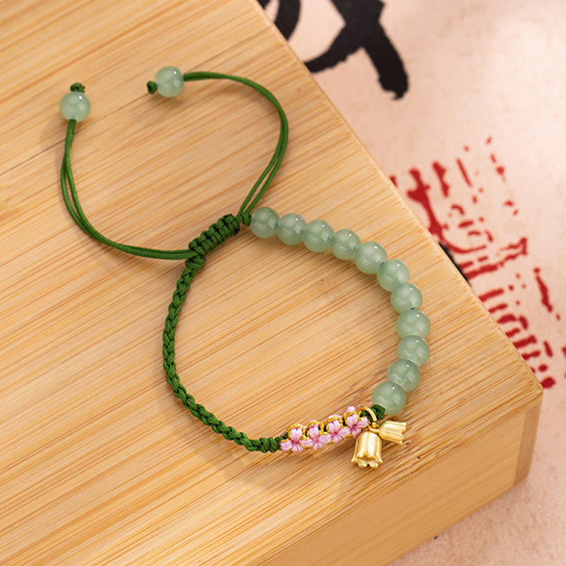 Fortune Jewel Handmade Jade Bead Lily of the Valley Charm Luck Braided Bracelet