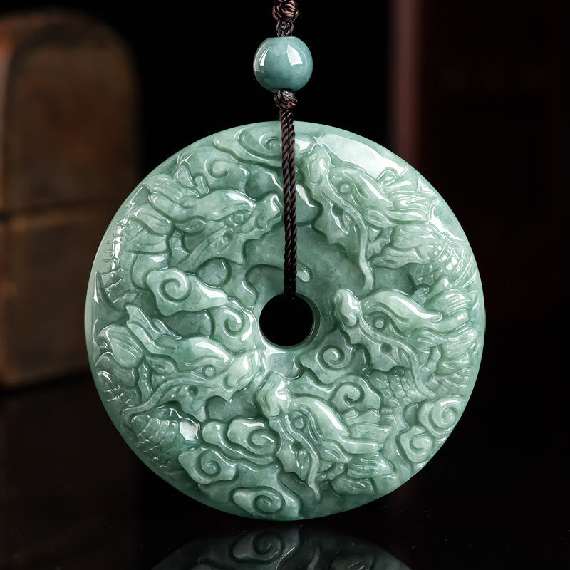 Fortune Jewel Year of the Dragon Natural Jade Nine Dragons Peace Buckle Protection Necklace Pendant