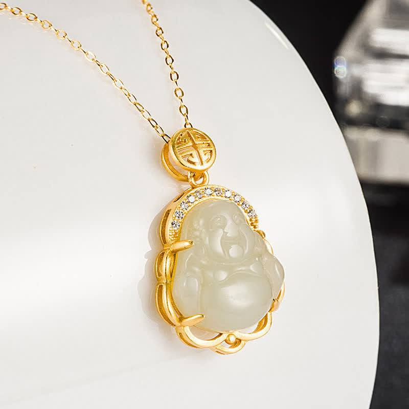 Fortune Jewel 925 Sterling Silver Laughing Buddha Hetian White Jade Protection Necklace Pendant Fortune Jewel