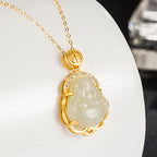 Fortune Jewel 925 Sterling Silver Laughing Buddha Hetian White Jade Protection Necklace Pendant Fortune Jewel