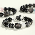 Fortune Jewel Natural Silver Sheen Obsidian Cat Head Fox Planet Protection Bracelet