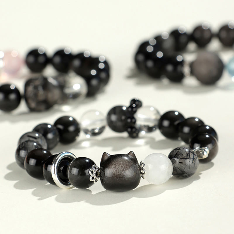 Fortune Jewel Natural Silver Sheen Obsidian Cat Head Fox Planet Protection Bracelet