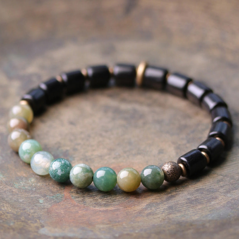 Fortune Jewel Ebony Wood Red Jasper Moss Agate Crystal Copper Peace Couple Bracelet