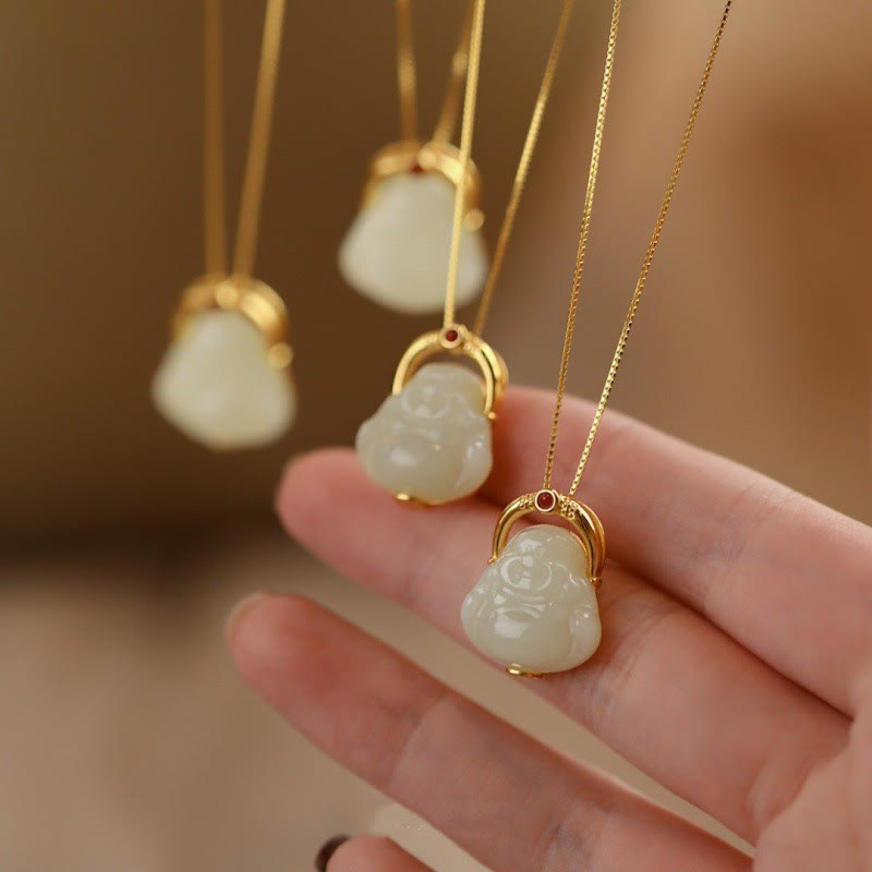 Fortune Jewel 925 Sterling Silver Natural Hetian Jade Laughing Buddha Abundance Chain Necklace Pendant Fortune Jewel