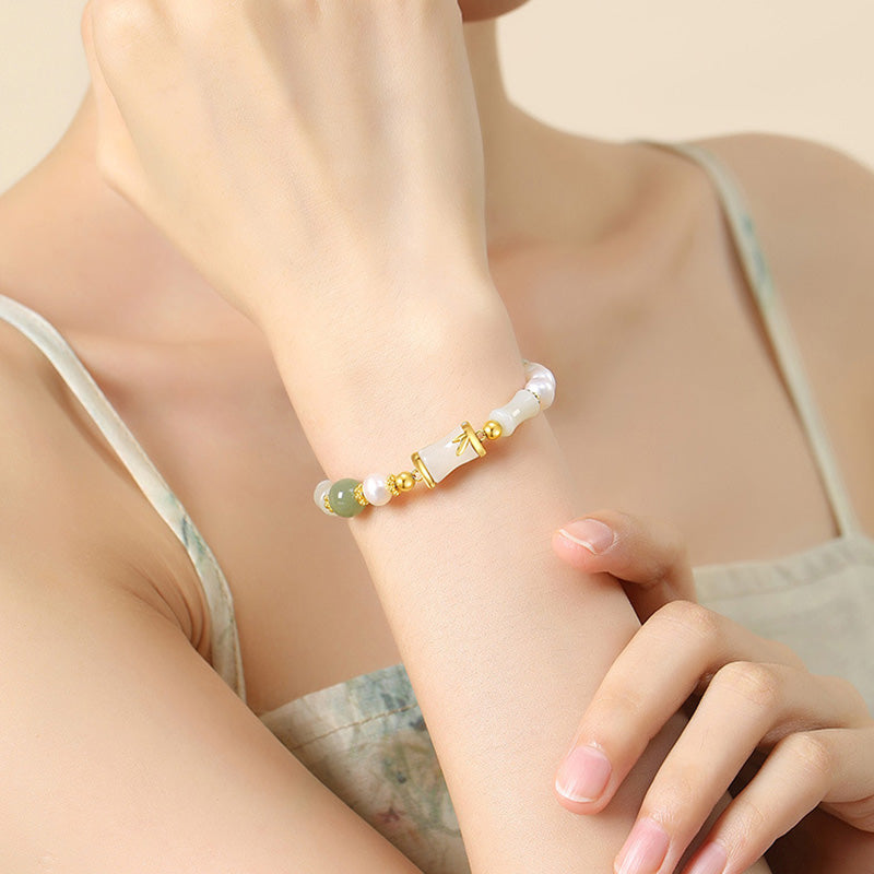 Fortune Jewel 925 Sterling Silver Natural Hetian White Jade Bamboo Luck Blessing Bracelet