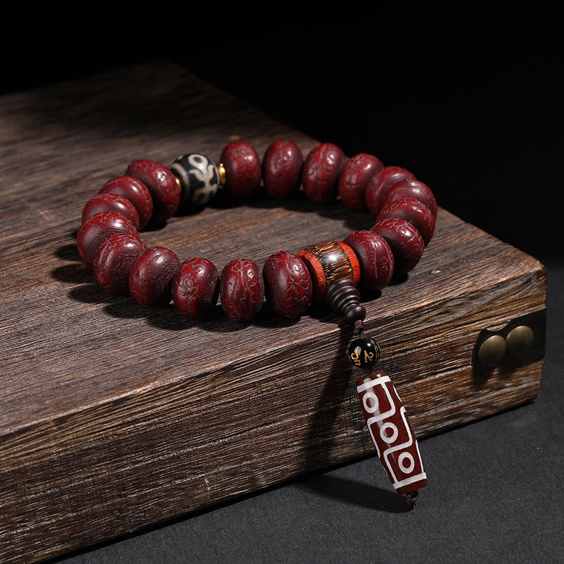 Fortune Jewel Tibet Bodhi Seed Dzi Bead Dancing Lion Luck Bracelet Wrist Mala