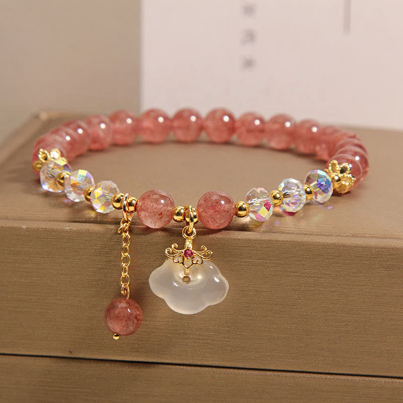 Fortune Jewel Natural Strawberry Quartz Crystal White Agate Auspicious Cloud Healing Bracelet