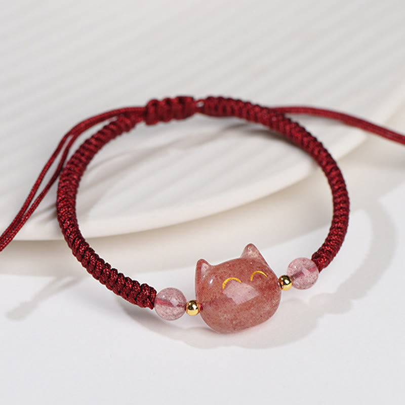 Fortune Jewel Handmade Natural Silver Sheen Obsidian Strawberry Quartz Cute Cat Protection Braided Bracelet