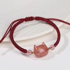 Fortune Jewel Handmade Natural Silver Sheen Obsidian Strawberry Quartz Cute Cat Protection Braided Bracelet