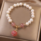 Fortune Jewel Natural Pearl Strawberry Quartz Peach Love Heart Wisdom Charm Bracelet