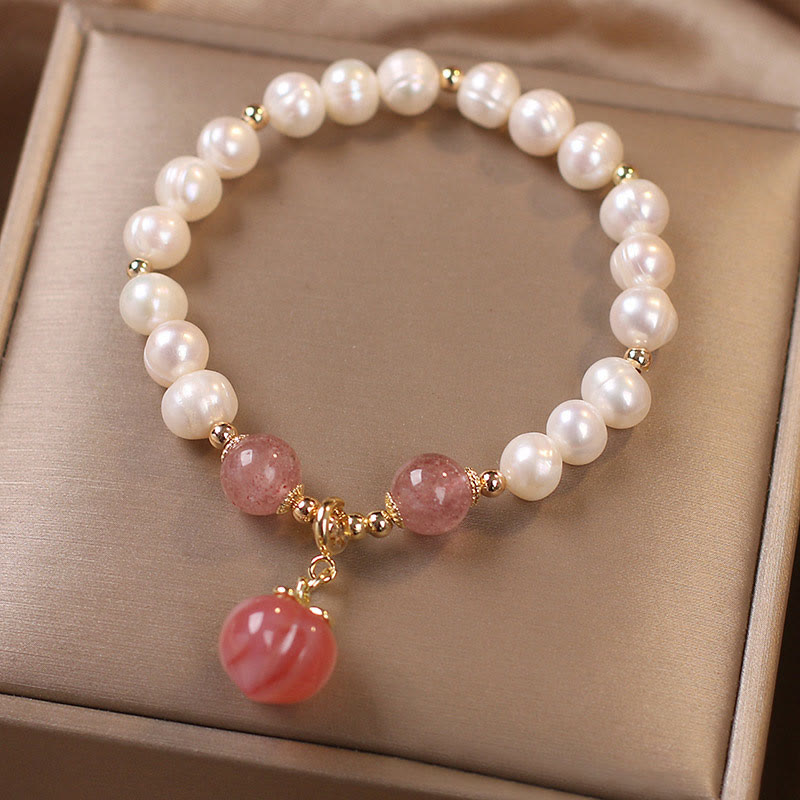 Fortune Jewel Natural Pearl Strawberry Quartz Peach Love Heart Wisdom Charm Bracelet
