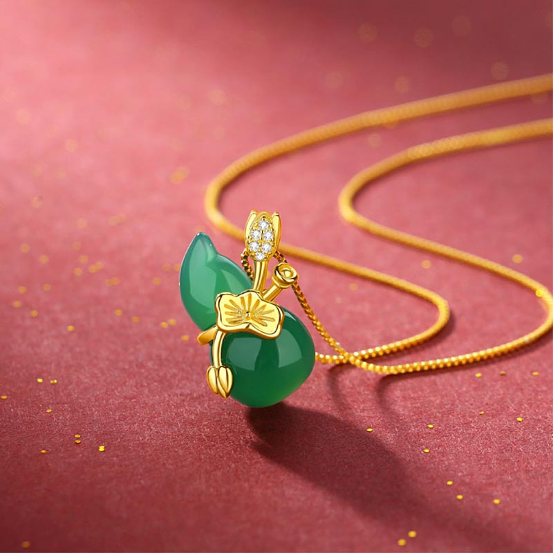 Fortune Jewel Cyan Jade Gourd Lotus Leaf Abundance Pendant Necklace Fortune Jewel