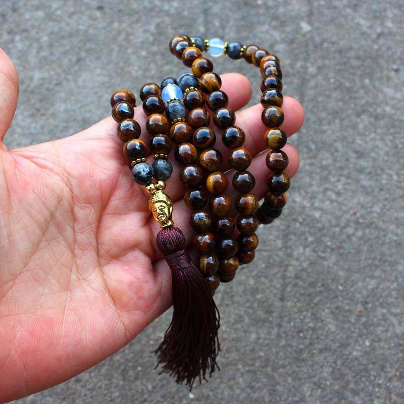 Fortune Jewel Tibetan Tiger Eye Buddha Strength Power Beaded Tassel Pendant Necklace