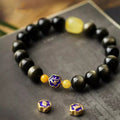 Fortune Jewel 925 Sterling Silver Chinese Zodiac Natal Buddha Natural Gold Sheen Obsidian Amber Wealth Protection Bracelet
