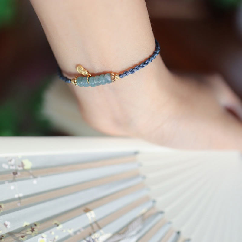 Fortune Jewel 925 Sterling Silver Natural Jade Gourd Rutilated Quartz Fu Character Luck Braid Bracelet
