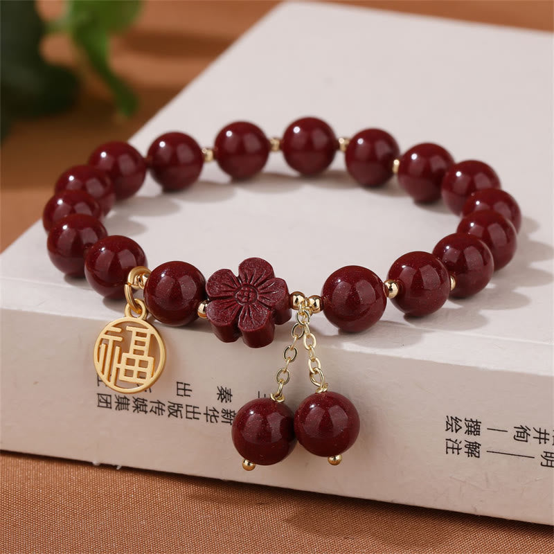 Fortune Jewel Cinnabar Fu Character Cherry Blossom Blessing Bracelet