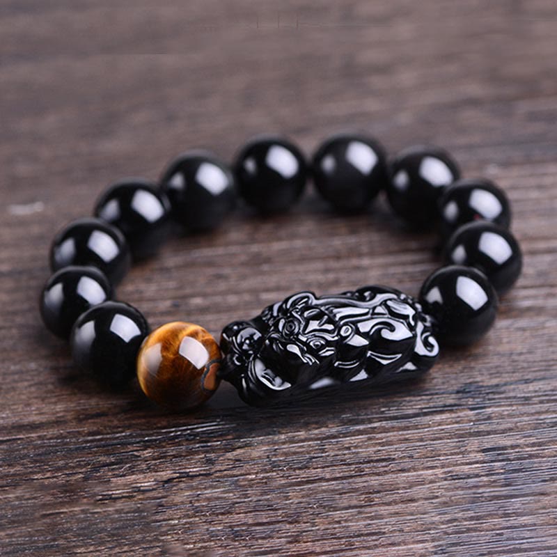 Fortune Jewel Natural Black Obsidian PiXiu Tiger's Eye Strength Bracelet
