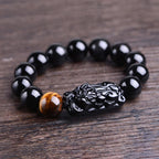 Fortune Jewel Natural Black Obsidian PiXiu Tiger's Eye Strength Bracelet