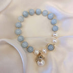 Fortune Jewel Aquamarine Pearl Peace Healing Lucky Cat Charm Bracelet
