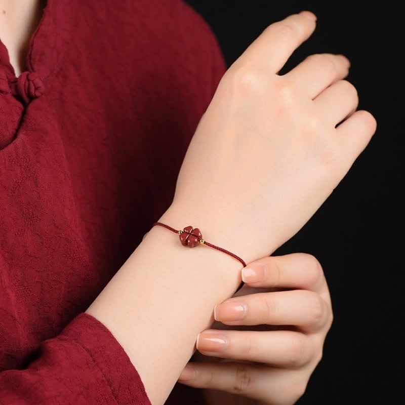 Fortune Jewel Natural Cinnabar Four Leaf Clover Blessing Red String Bracelet Anklet