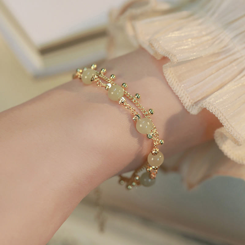 Fortune Jewel 14K Gold Plated 2 Layers Hetian Jade Bead Luck Prosperity Bracelet
