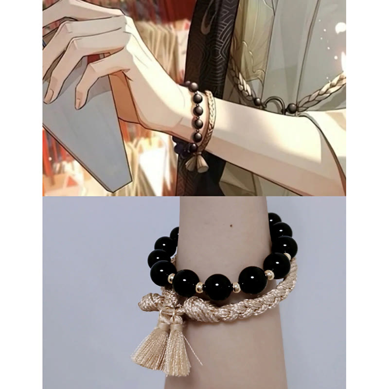 Fortune Jewel 2Pcs Black Onyx Bead Support Protection String Bracelet