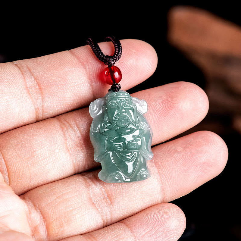 Fortune Jewel Natural Green Jade Chinese God of Wealth Caishen Ingot Abundance Necklace Pendant