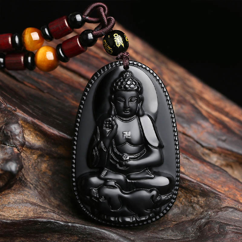Fortune Jewel Chinese Zodiac Natal Buddha Natural Black Obsidian Purification Necklace Pendant