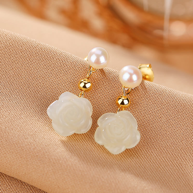 Fortune Jewel 925 Sterling Silver Plated Gold Jade Rose Flower Cyan Jade Pearl Luck Earrings