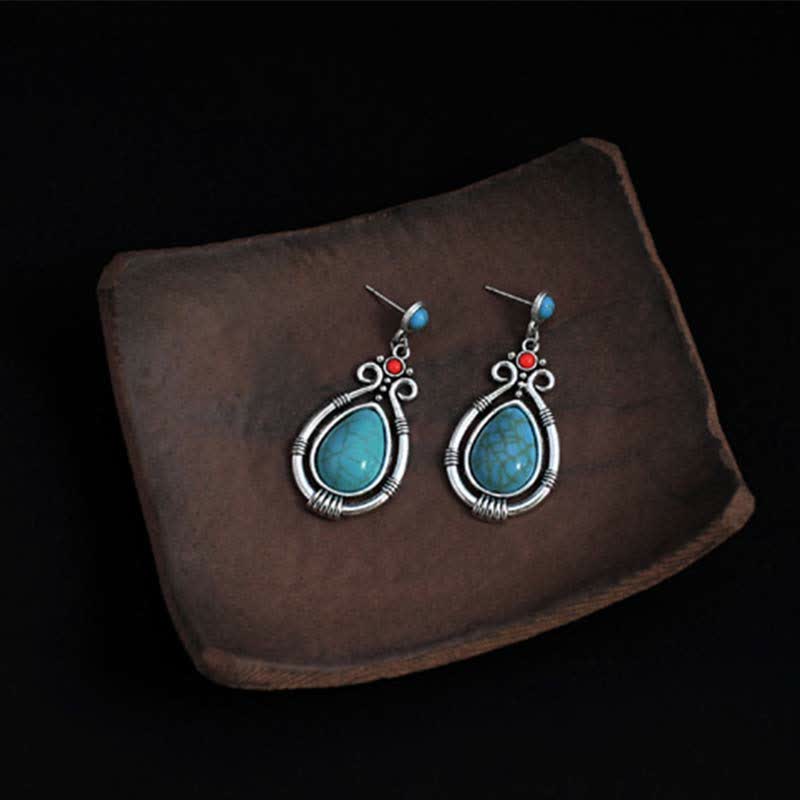 Fortune Jewel Tibet Vintage Turquoise Waterdrop Strength Drop Dangle Earrings Clips