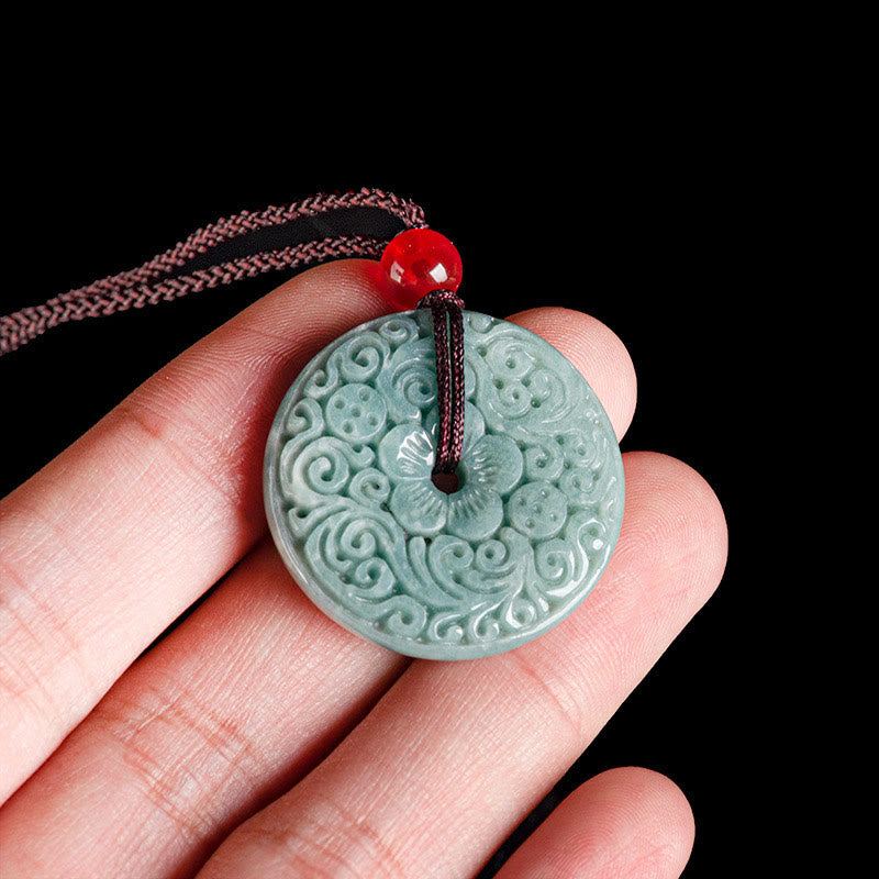 Fortune Jewel Green Jade Flower Carved Peace Buckle Abundance Necklace Pendant