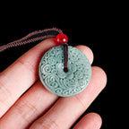 Fortune Jewel Green Jade Flower Carved Peace Buckle Abundance Necklace Pendant
