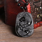 Fortune Jewel Natural Black Obsidian Koi Fish Lotus Strength Beaded Necklace Pendant